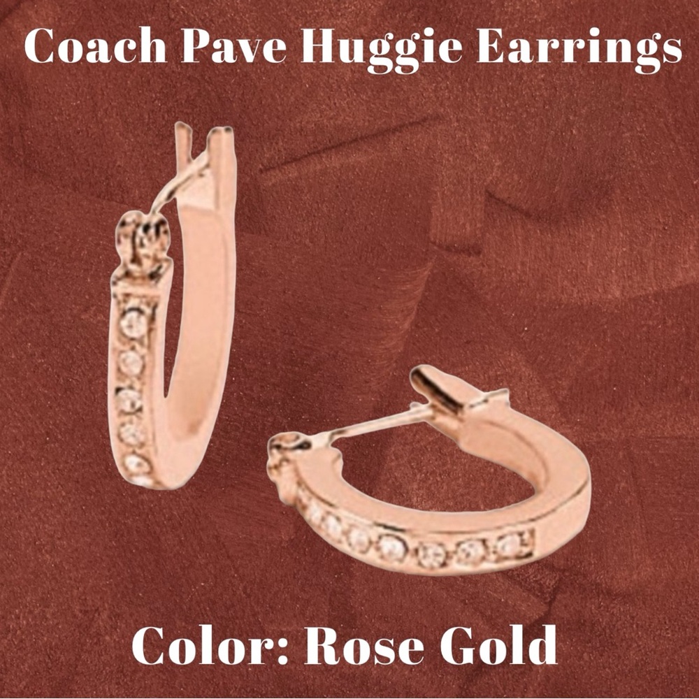 Coach Rose Gold Pave Signature Huggie Earrings NWT
